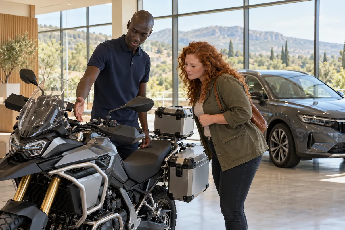 Illustration : un vendeur présente une moto à une cliente en concession
