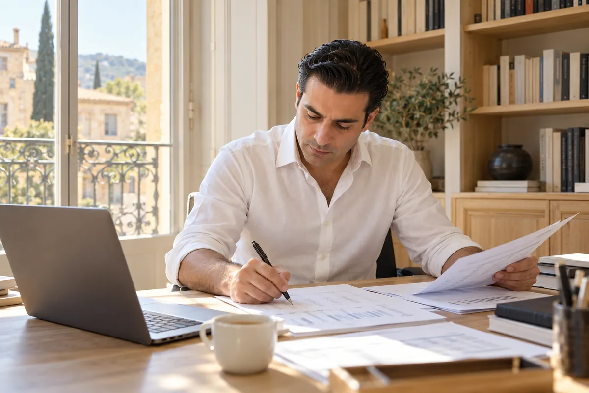 Illustration : un expert-comptable annote un bilan à son bureau